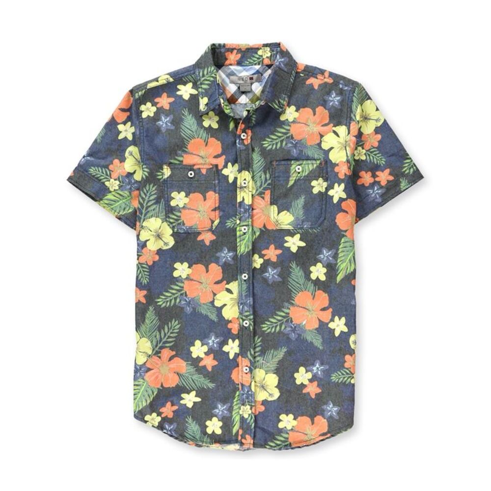 Red X Mens Denim Tropical Button Up Shirt, NWT